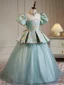 Chinese style Sky Blue Pearl Printing Prom Flower Girl Dresses 2023 Cascading Ruffles Ball Gown High Neck Puffy Short Sleeve Backless Floor-Length / Long Flower Girl Dresses