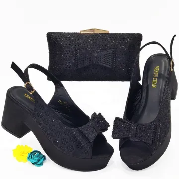 Chic Beautiful Black Rhinestone Bow Womens Sandals Clutch Bags 2023 Evening Party 7 Cm Thick Heels Open Peep Toe Sandals High Heels Clutch Bags