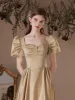 Modest / Simple Champagne Gold Satin Prom Dresses 2022 A-Line / Princess Square Neckline Pearl Puffy Short Sleeve Backless Floor-Length / Long Formal Dresses