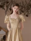 Chic / Beautiful Champagne Gold Pearl Homecoming Graduation Dresses 2023 A-Line / Princess Satin Square Neckline Puffy Short Sleeve Floor-Length / Long Graduation Dresses