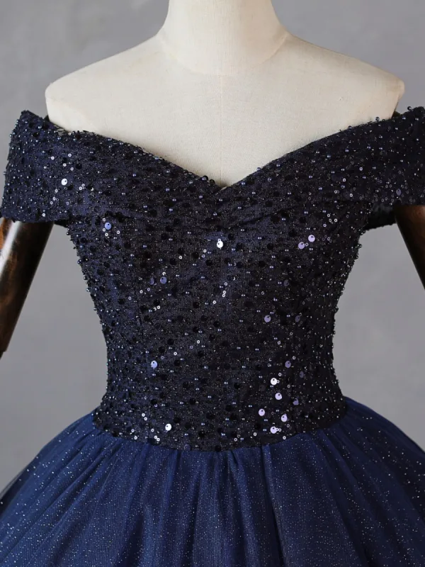 Vintage / Retro Navy Blue Beading Sequins Prom Dresses 2023 Ball Gown Off-The-Shoulder Short Sleeve Backless Floor-Length / Long Formal Dresses
