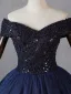 Vintage / Retro Navy Blue Beading Sequins Prom Dresses 2023 Ball Gown Off-The-Shoulder Short Sleeve Backless Floor-Length / Long Formal Dresses