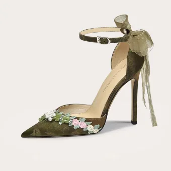 Chic Beautiful Clover Green Appliques Bow Ankle Strap Prom Womens Sandals 2025 Leather 10 Cm Stiletto Heels Pointed Toe Womens Shoes