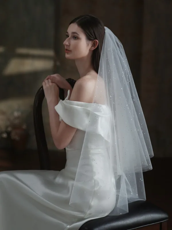 Chic / Belle Blanche Glitter Voile De Mariée 2025 1 m Tulle Mariage