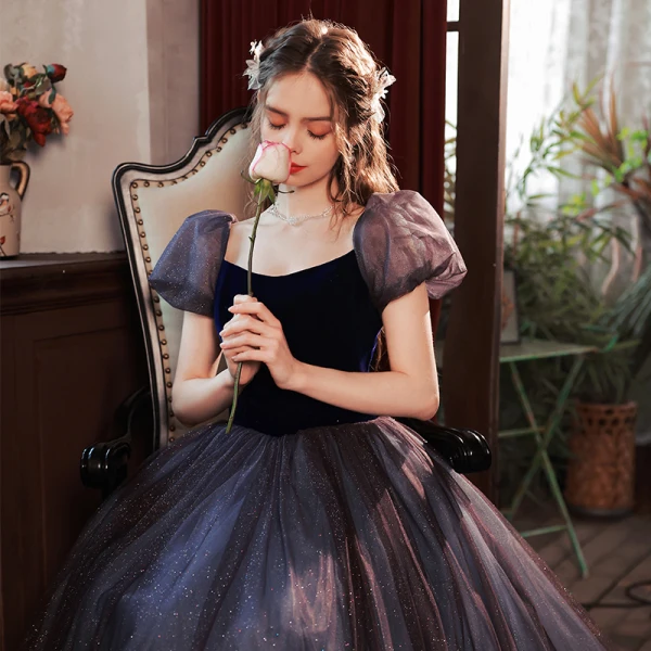 Elegant Purple Suede Sequins Prom Dresses 2022 A-Line / Princess Square Neckline Puffy Short Sleeve Backless Floor-Length / Long Prom Formal Dresses