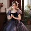 Elegant Purple Suede Sequins Prom Dresses 2022 A-Line / Princess Square Neckline Puffy Short Sleeve Backless Floor-Length / Long Prom Formal Dresses