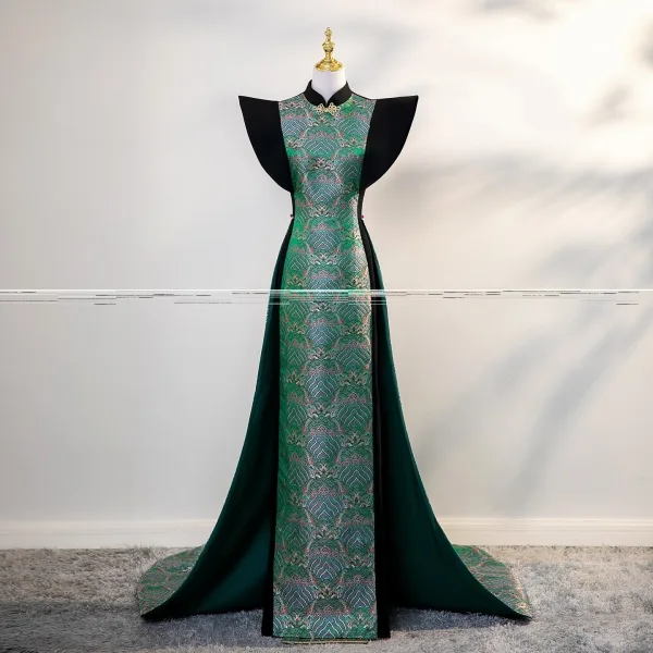 Chinese style Yellow Evening Party Floor-Length / Long Cheongsam 2025 Trumpet / Mermaid High Neck Sleeveless