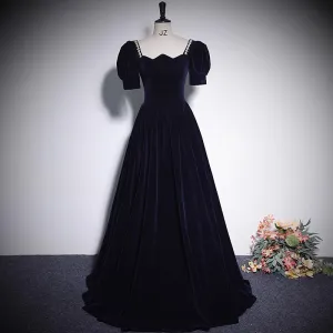 Vintage Retro Navy Blue Rhinestone Velvet Prom Dresses 2023 A Line Princess Square Neckline Short Sleeve Backless Floor Length Long Prom Formal Dresses