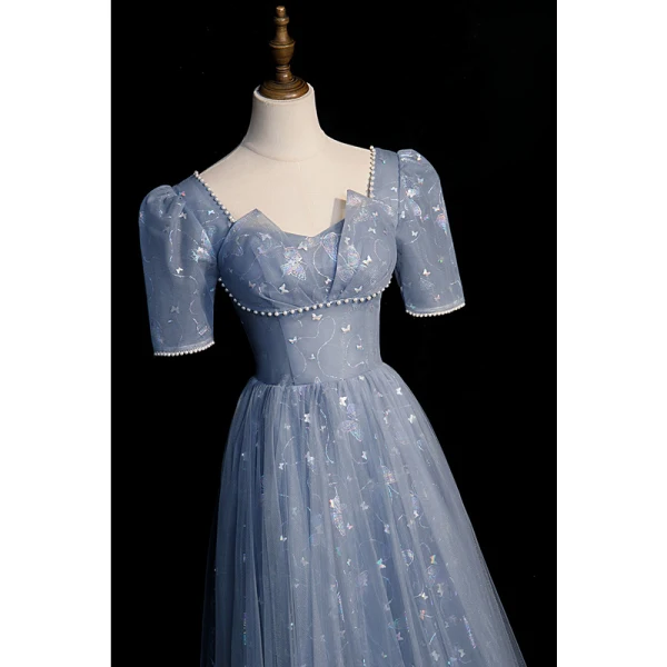 Chic / Beautiful Sky Blue Butterfly Sequins Prom Dresses 2023 A-Line / Princess Square Neckline Pearl Short Sleeve Backless Floor-Length / Long Prom Formal Dresses