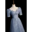 Chic / Beautiful Sky Blue Butterfly Sequins Prom Dresses 2023 A-Line / Princess Square Neckline Pearl Short Sleeve Backless Floor-Length / Long Prom Formal Dresses