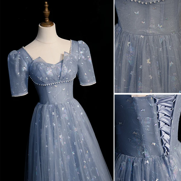 Chic / Beautiful Sky Blue Butterfly Sequins Prom Dresses 2023 A-Line / Princess Square Neckline Pearl Short Sleeve Backless Floor-Length / Long Prom Formal Dresses