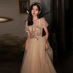 Bling Bling Charming Champagne Sequins Prom Dresses 2022 A Line Princess Square Neckline Short Sleeve Backless Floor Length Long Formal Dresses