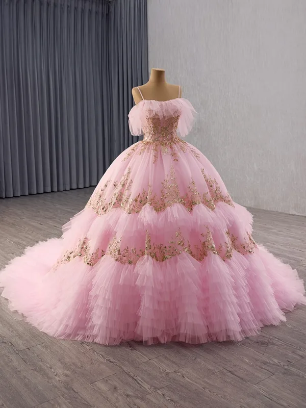 Luxury / Gorgeous Blushing Pink Beading Sequins Prom Dresses 2025 Ball Gown Spaghetti Straps Sleeveless Backless Chapel Train Prom Formal Dresses
