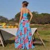 Bohemia Summer Beach Holiday Pool Blue Printing Maxi Dresses 2022 A-Line / Princess High Neck Sleeveless Backless Sweep Train Women Dresses