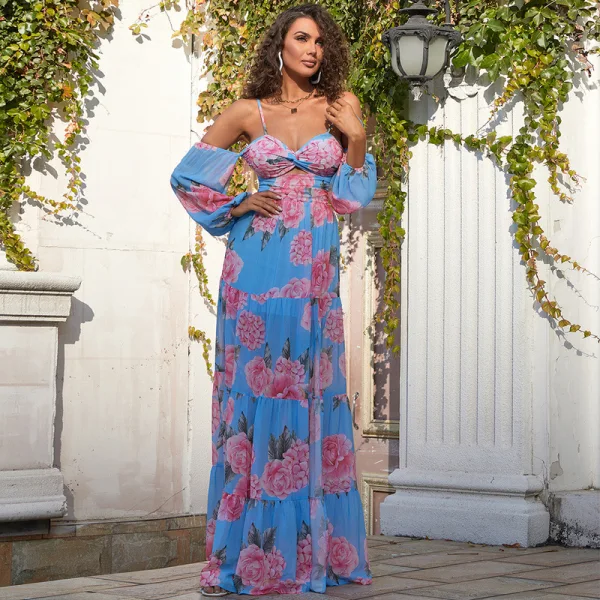 Comfortable Pool Blue Summer Holiday Beach Printing Maxi Dresses 2022 A-Line Princess