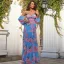 Confortable Bleu Été Vacances Plage Impression Robes longues 2022 Princesse Bretelles Spaghetti Manches Longues Dos Nu Fendue devant Longue Femme Robes
