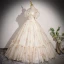 Elegant Champagne Pearl Floral Prom Dresses 2023 Ball Gown Off-The-Shoulder Short Sleeve Backless Floor-Length / Long Prom Formal Dresses