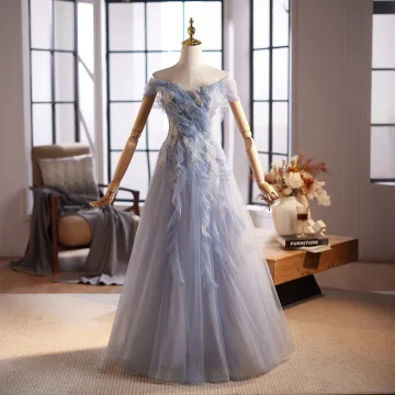 Charming Sky Blue Beading Pearl Sequins Prom Dresses 2025 A Line Princess Off The Shoulder Sleeveless Backless Floor Length Long Formal Dresses