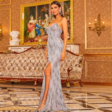 Sexy Grey Sequins Evening Dresses 2022 Trumpet Mermaid Spaghetti Straps Sleeveless Backless Lace Up Split Front Floor Length Long Evening Party Formal Dresses