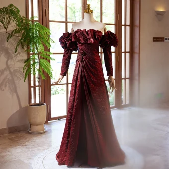 Vintage Originale Bordeaux Volants Robe De Bal 2024 Princesse De L Épaule Manches Longues Dos Nu Longue Promo Robe De Ceremonie