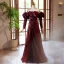 Vintage / Retro Burgundy Ruffle Prom Dresses 2024 A-Line / Princess Off-The-Shoulder Long Sleeve Backless Floor-Length / Long Prom Formal Dresses