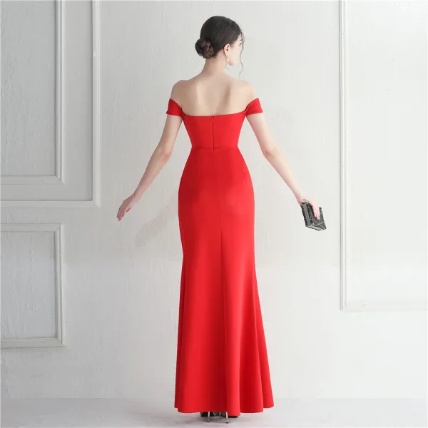 Chic / Beautiful White Split Front Evening Dresses 2024 Trumpet / Mermaid Off-The-Shoulder Sleeveless Backless Floor-Length / Long Evening Party Formal Dresses