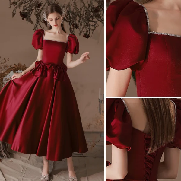 Vintage / Retro Burgundy Rhinestone Satin Evening Dresses 2022 A-Line / Princess Square Neckline Puffy Short Sleeve Bow Backless Floor-Length / Long Evening Party Formal Dresses