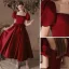 Vintage / Retro Burgundy Rhinestone Satin Evening Dresses 2022 A-Line / Princess Square Neckline Puffy Short Sleeve Bow Backless Floor-Length / Long Evening Party Formal Dresses