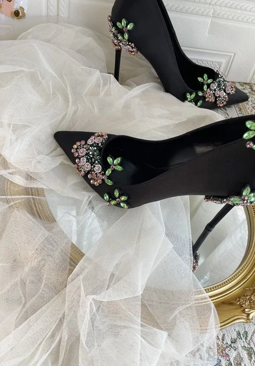 Chic / Belle Noire Faux Diamant Promo Escarpins 2024 Satin 10 cm Talons Aiguilles À Bout Pointu Escarpins Talons Hauts