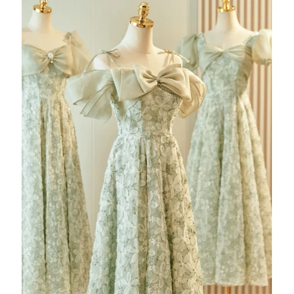 Chic / Belle Vert Cendré Appliques Robe Demoiselle D'honneur 2023 Princesse Noeud Manches Courtes Dos Nu Longue Robe Demoiselle D'honneur