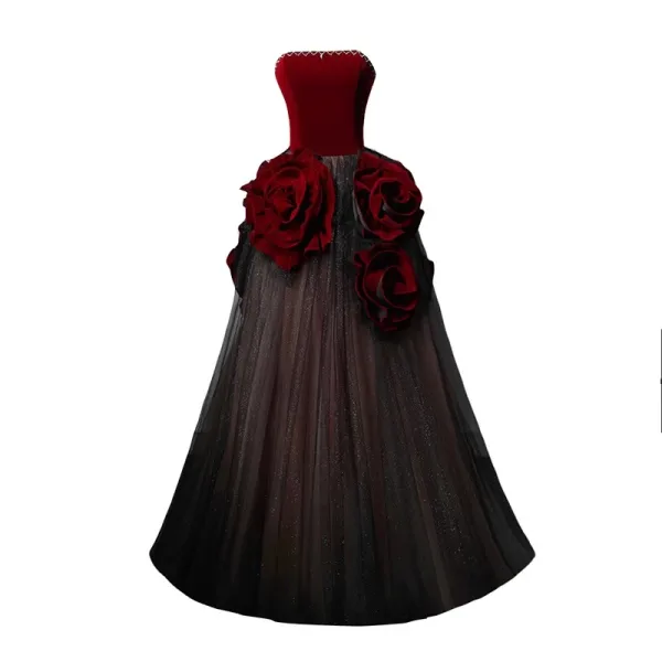 Charming Burgundy Pearl Rhinestone Glitter Prom Dresses 2024 A-Line / Princess Appliques Strapless Sleeveless Backless Floor-Length / Long Formal Dresses