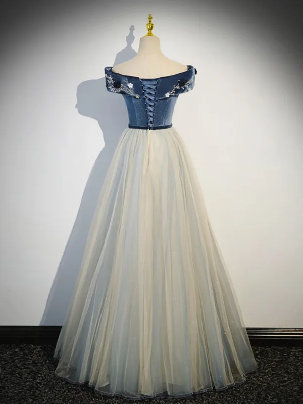 Fashion Navy Blue Beading Appliques Prom Dresses 2023 A-Line / Princess Off-The-Shoulder Sleeveless Backless Bow Sash Floor-Length / Long Prom Formal Dresses