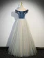 Fashion Navy Blue Beading Appliques Prom Dresses 2023 A-Line / Princess Off-The-Shoulder Sleeveless Backless Bow Sash Floor-Length / Long Prom Formal Dresses