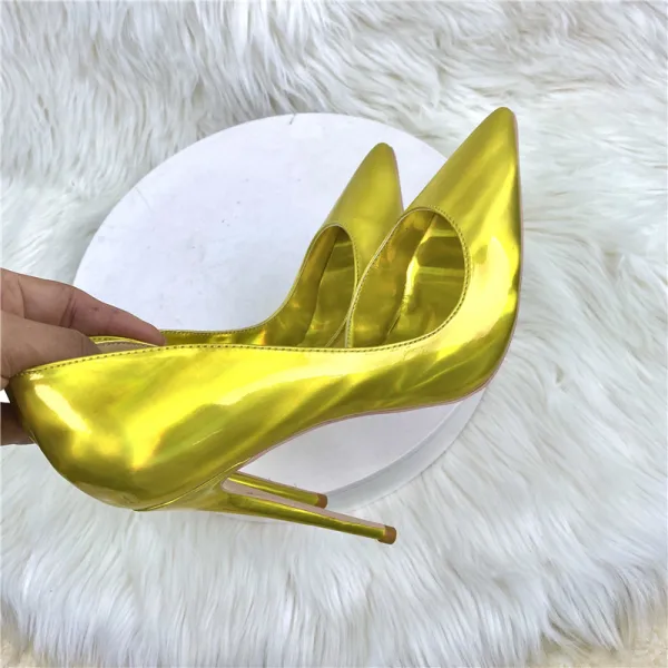 Chic / Beautiful Gold Cocktail Party Patent Leather Pumps 2023 12 cm Stiletto Heels Pointed Toe Pumps High Heels