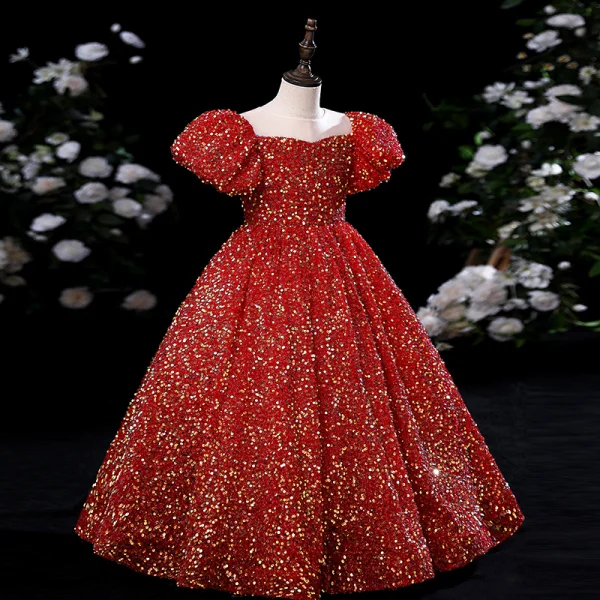 Scintillantes Rouge Paillettes Soirée Robe Ceremonie Fille 2022 Robe Boule Encolure Dégagée Gonflée Manches Courtes Longue Robe Ceremonie Fille