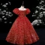 Scintillantes Rouge Paillettes Soirée Robe Ceremonie Fille 2022 Robe Boule Encolure Dégagée Gonflée Manches Courtes Longue Robe Ceremonie Fille
