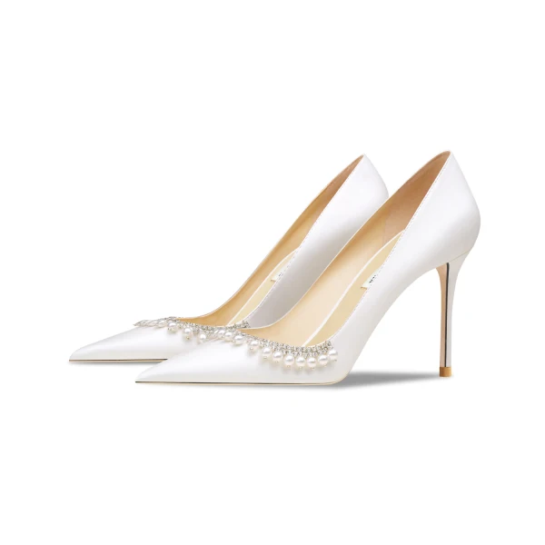 Stijlvolle Witte Parel Rhinestone Bruidsschoenen 2024 Leer 10 cm Naaldhakken / Stiletto Spitse Neus Huwelijk Pumps Hoge Hakken
