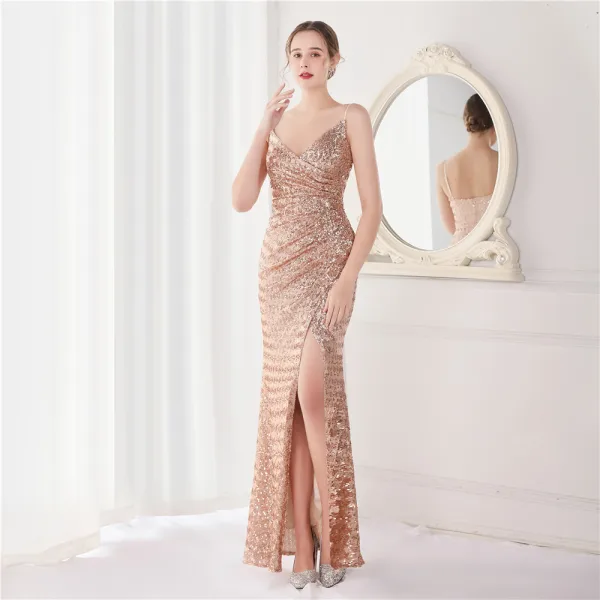 Sexy Beige Paillettes Robe De Soirée 2022 Trompette / Sirène Bretelles Spaghetti Sans Manches Dos Nu Longue Soirée Robe De Ceremonie