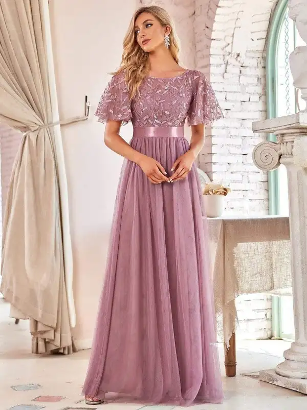 Modest / Simple Grey Sequins Lace Flower Prom Dresses 2024 A-Line / Princess Scoop Neck Short Sleeve Floor-Length / Long Prom Formal Dresses