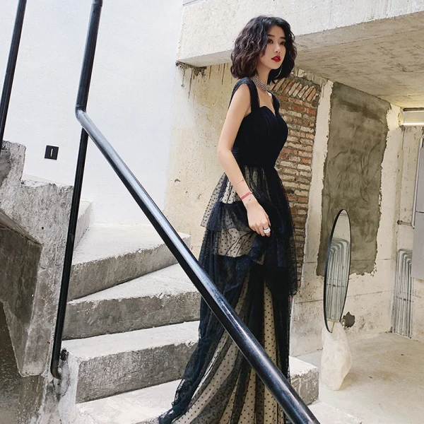Chic / Beautiful Black Spotted Prom Dresses 2022 A-Line / Princess Square Neckline Sleeveless Backless Floor-Length / Long Prom Formal Dresses