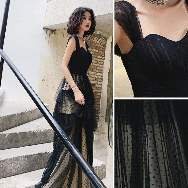 Chic / Beautiful Black Spotted Prom Dresses 2022 A-Line / Princess Square Neckline Sleeveless Backless Floor-Length / Long Prom Formal Dresses