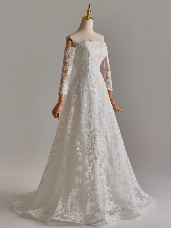 Schlicht Weiß Pailletten Spitze Blumen Brautkleider / Hochzeitskleider 2025 A Linie Off Shoulder Lange Ärmel Rückenfreies Sweep / Pinsel Zug Hochzeit