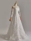 Schlicht Weiß Pailletten Spitze Blumen Brautkleider / Hochzeitskleider 2025 A Linie Off Shoulder Lange Ärmel Rückenfreies Sweep / Pinsel Zug Hochzeit