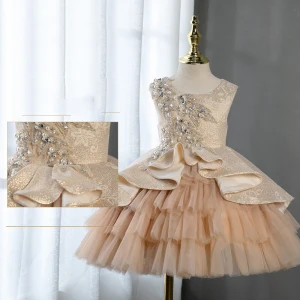 Chic Beautiful Champagne Beading Pearl Lace Sequins Birthday Flower Girl Dresses 2022 Ball Gown Scoop Neck Sleeveless Short Cascading Ruffles Flower Girl Dresses