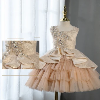 Chic Beautiful Champagne Beading Pearl Lace Sequins Birthday Flower Girl Dresses 2022 Ball Gown Scoop Neck Sleeveless Short Cascading Ruffles Flower Girl Dresses