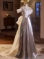 Glitzernden Silber Pailletten Ballkleider 2024 A Linie Off Shoulder Kurze Ärmel Rückenfreies Schleife Lange Ball Festliche Kleider