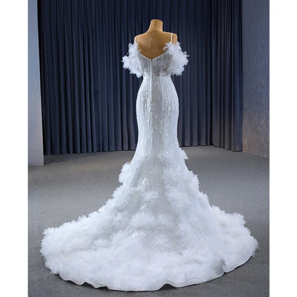 Haut de Gamme Sexy Blanche Volants en Cascade Paillettes En Dentelle Fleur Robe De Mariée 2023 Trompette / Sirène Bretelles Spaghetti Manches Courtes Dos Nu Mariage