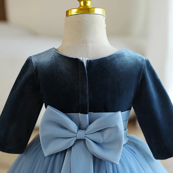 Modest / Simple Navy Blue Wedding Flower Girl Dresses 2023 Ball Gown Scoop Neck Short Sleeve Bow Floor-Length / Long Flower Girl Dresses