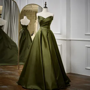Vintage Originale Vert Foncé Satin Robe De Bal 2024 Robe Boule Bustier Sans Manches Ceinture Dos Nu Longue Promo Robe De Ceremonie