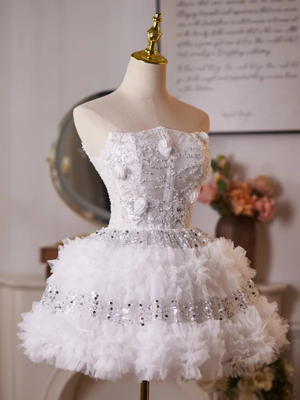 Sexy Charming White Beading Pearl Sequins Appliques Short Cocktail Party Evening Party Party Dresses 2025 Ball Gown Strapless Sleeveless Backless
